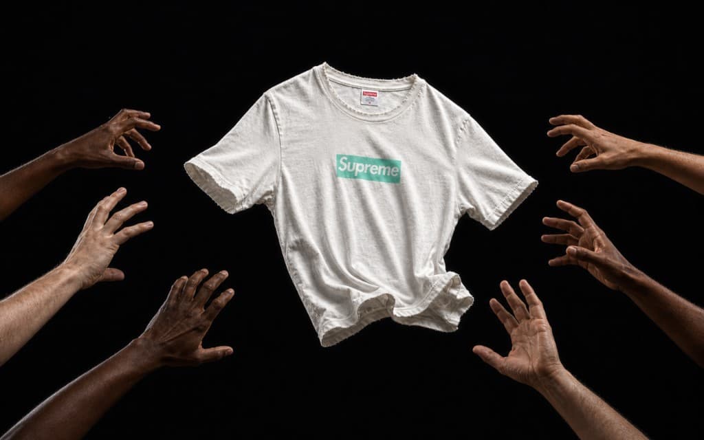 Supreme Tiffany box logo t-shirt on black, hands reaching toward the shirt